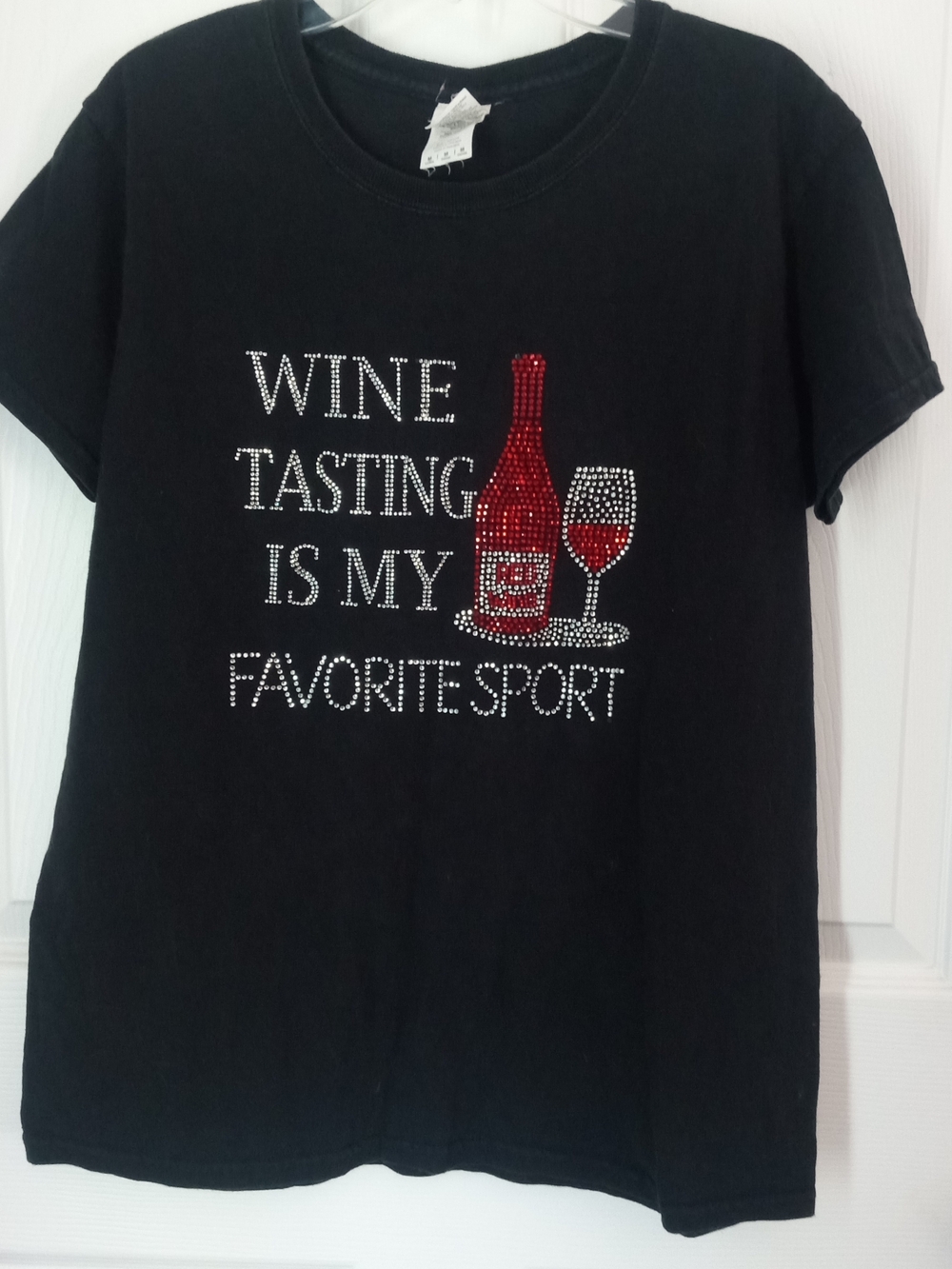 Gildan Black Tee with Red Wine Bottle & Glass Rhinestone Graphic